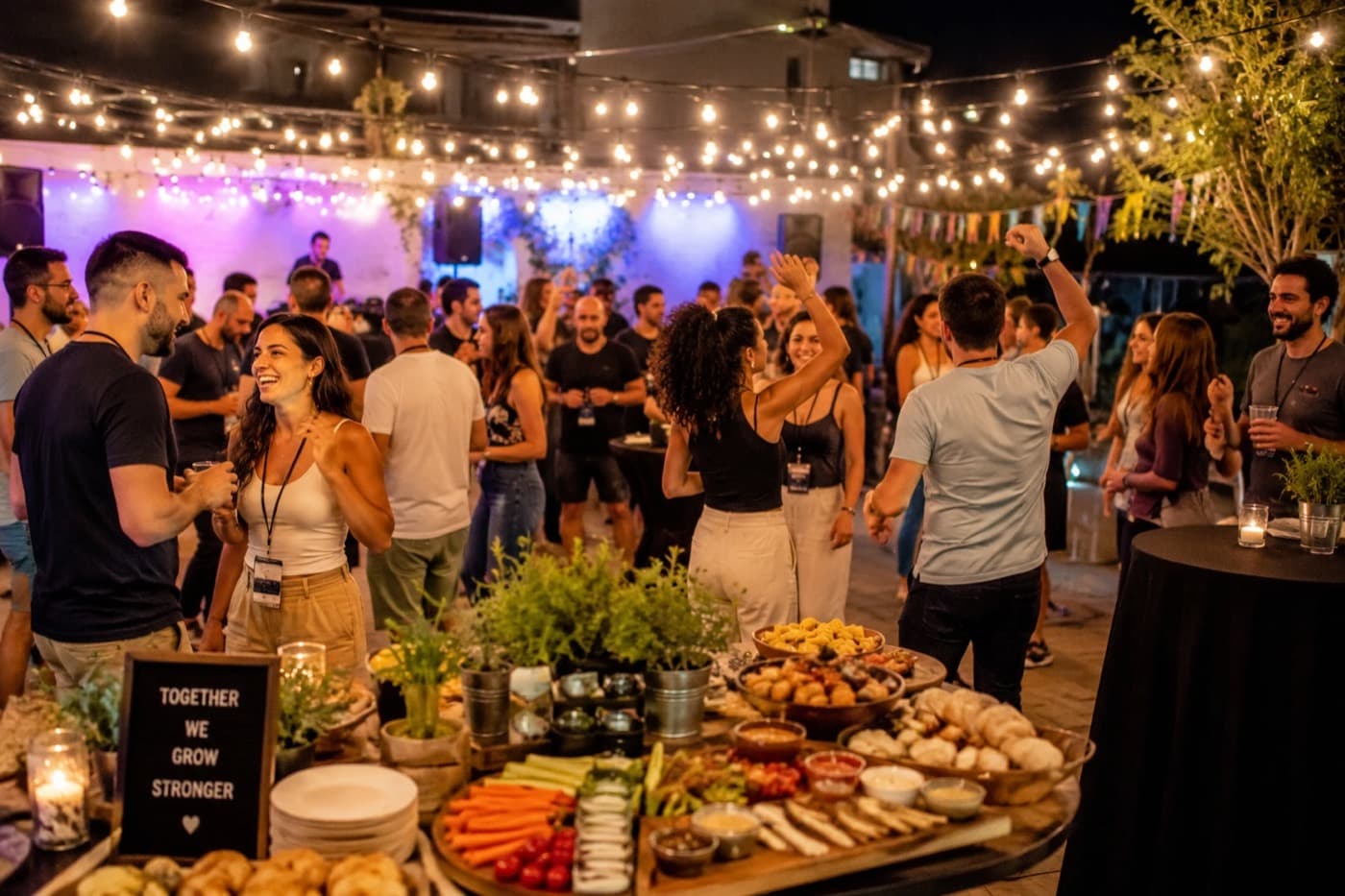 Corporate team-building evening event with lights and catering
