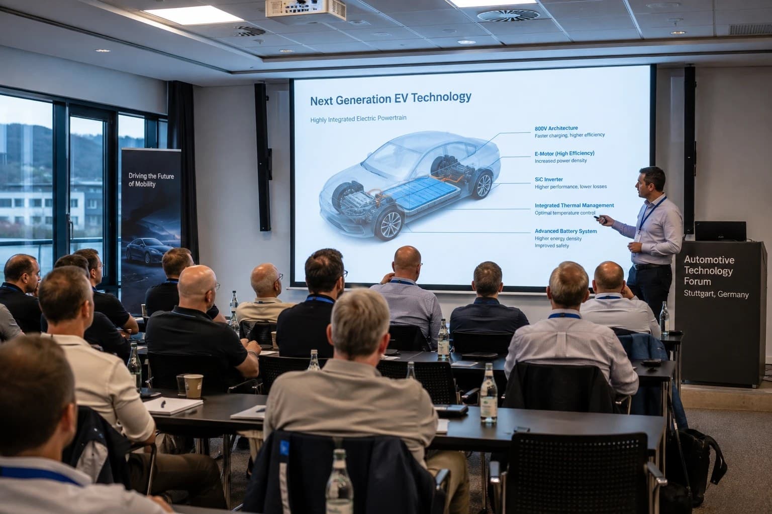 Professionals at an automotive technology forum presentation in a conference room