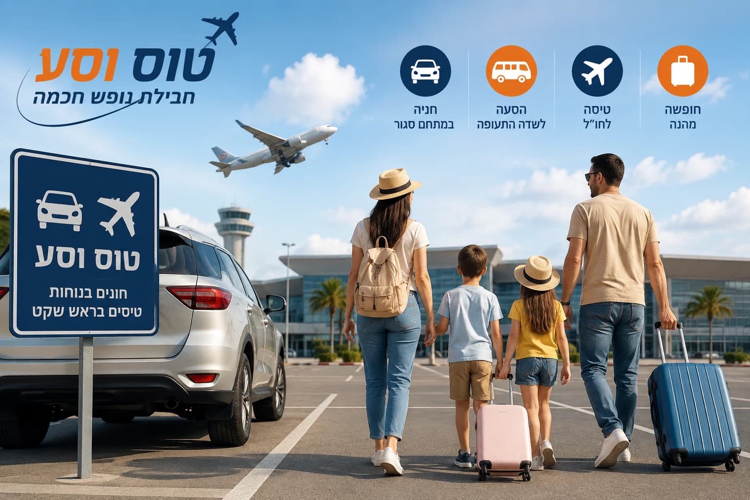 Fly & Drive — family with luggage, car and plane at the airport