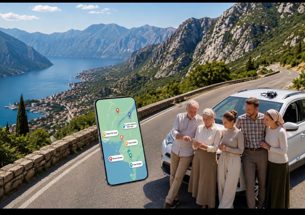 Family with a map on their phone by a car above the Bay of Kotor
