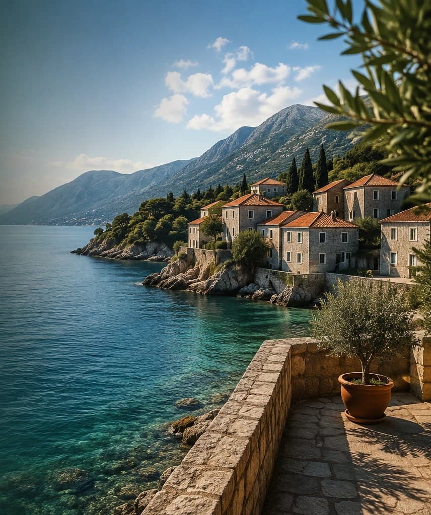 Stone village on a turquoise Balkan coastline with mountains