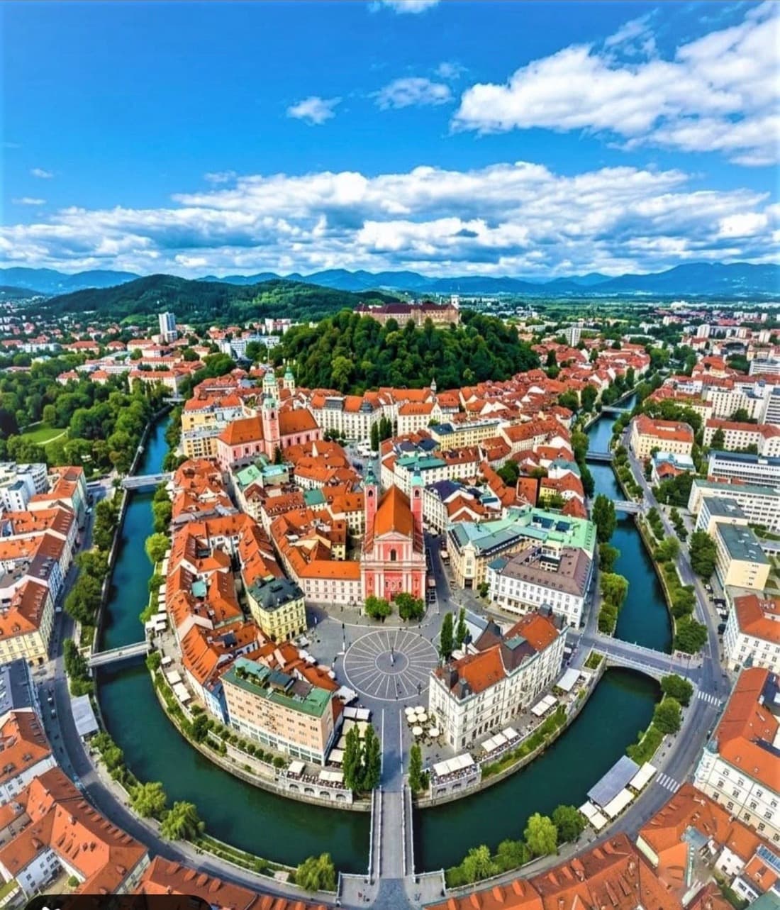 Aerial view of Ljubljana's old town and castle hill