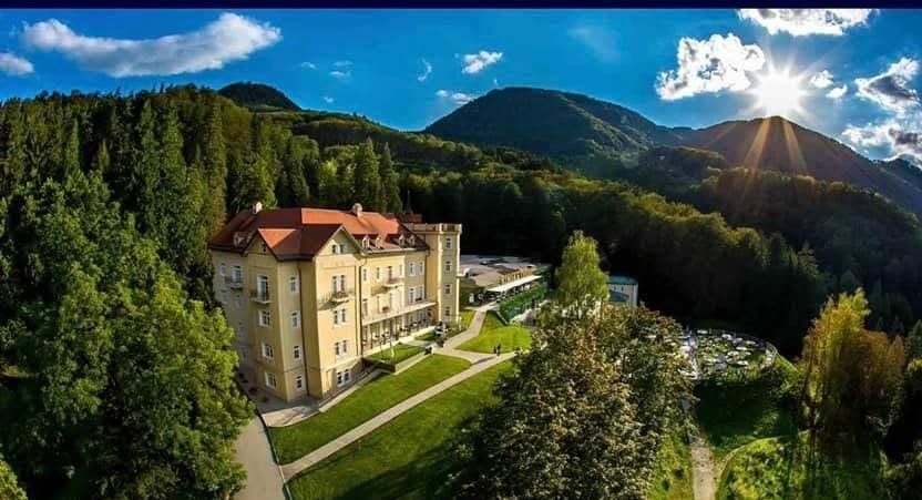 Aerial view of the Rimske Terme spa hotel among forested hills